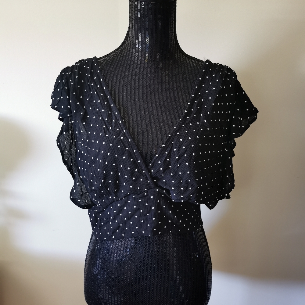 Lydelle Navy White Polka Dot Cropped Blouse Size L